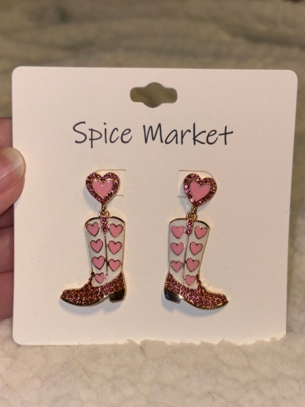 NEW-Spice Market-Heart Cowgirl Boots-Dangle Earrings-Pink & White-Post Backs